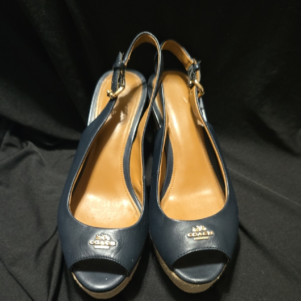 Coach Women's Dark Blue Peep-Toe Slingback Heels